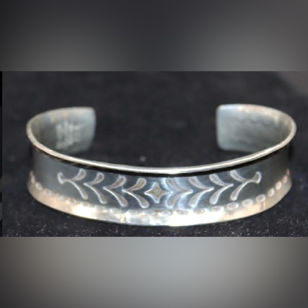 VTG Mid Century Jensen Modernist Pewter Cuff Bracelet Etched